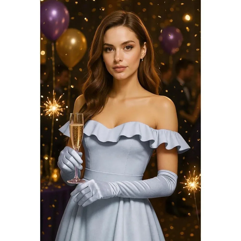 Women's Silver Vintage Satin Long Gloves Party Costume Stretchy Elbow Length
